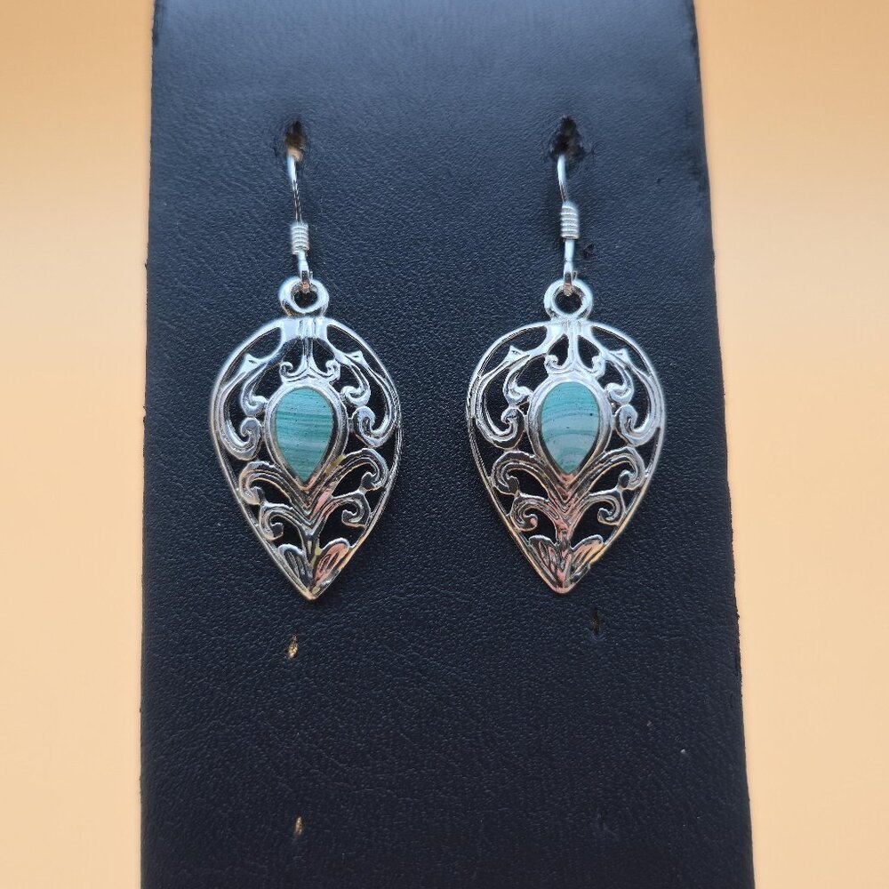Sterling Silver Light Malachite Stone Inlay Fancy Earrings A4449